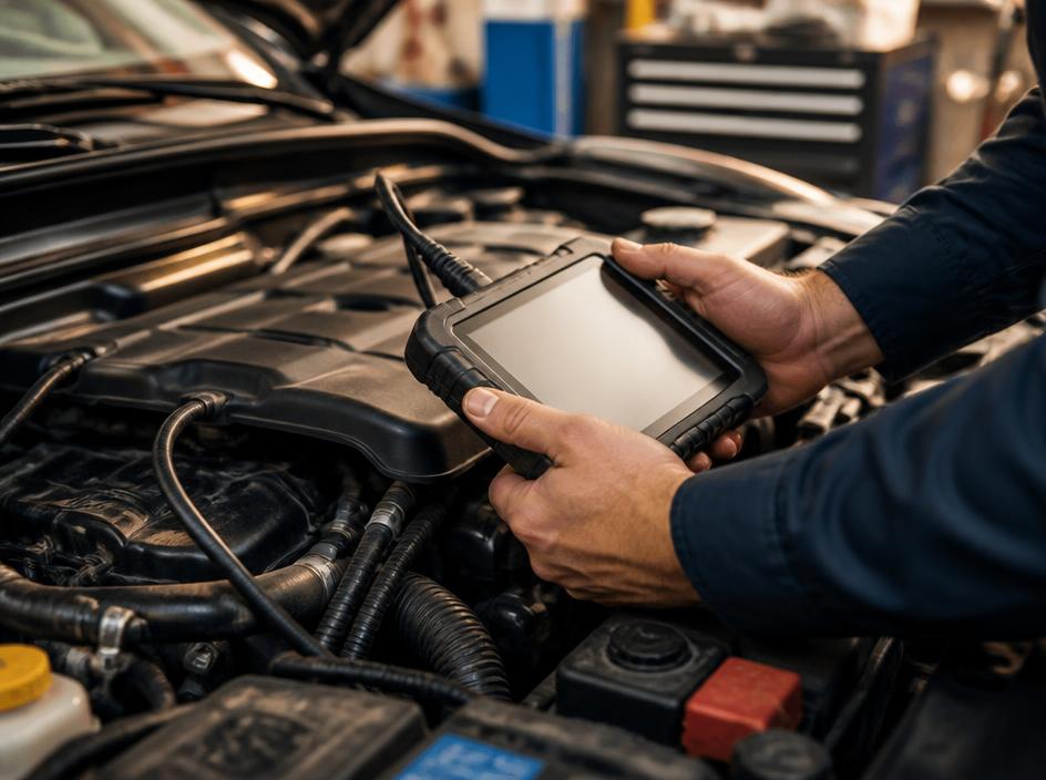 Technician running engine diagnostics on a vehicle