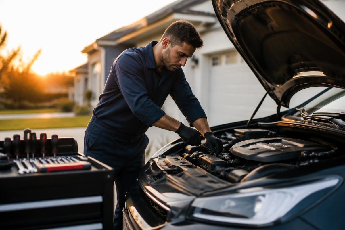 Mobile mechanic repairing a vehicle in a customer driveway at night